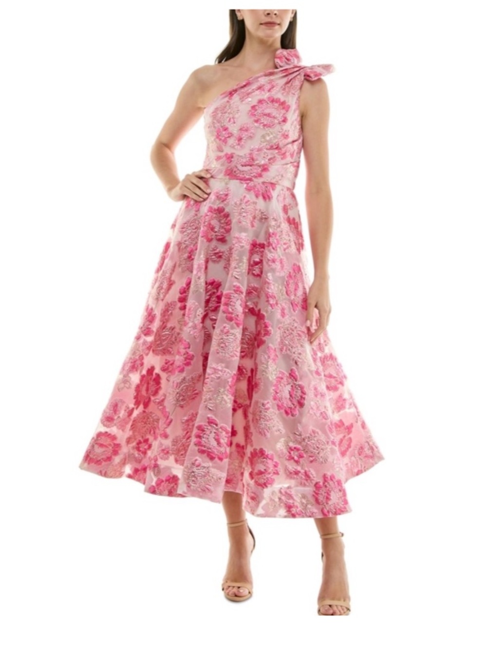 Taylor One-Shoulder Bow Floral Tea length Dress in Pink Macys - wedding guest!